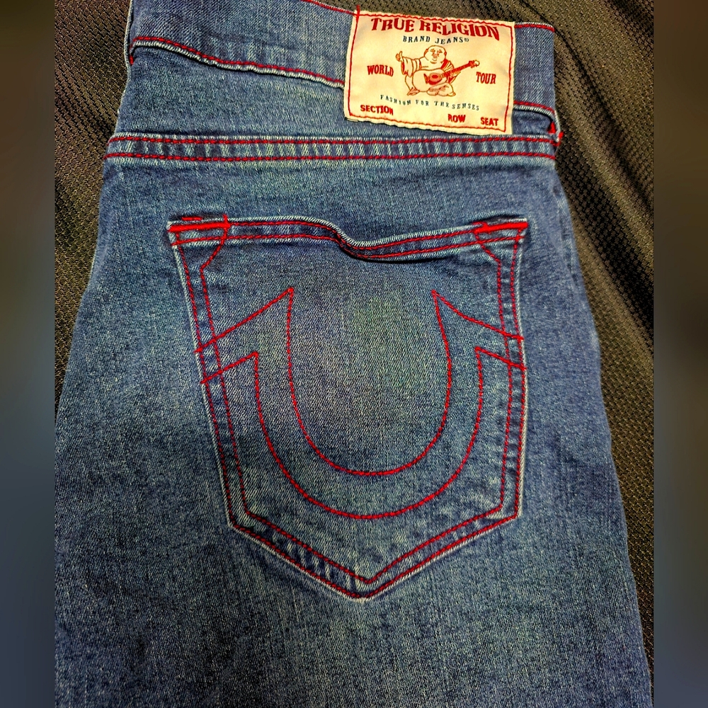 True ReligionMen's Blue Ricky Red Stitch SuperT Jean Size 34 *Geno Relaxed Slim*